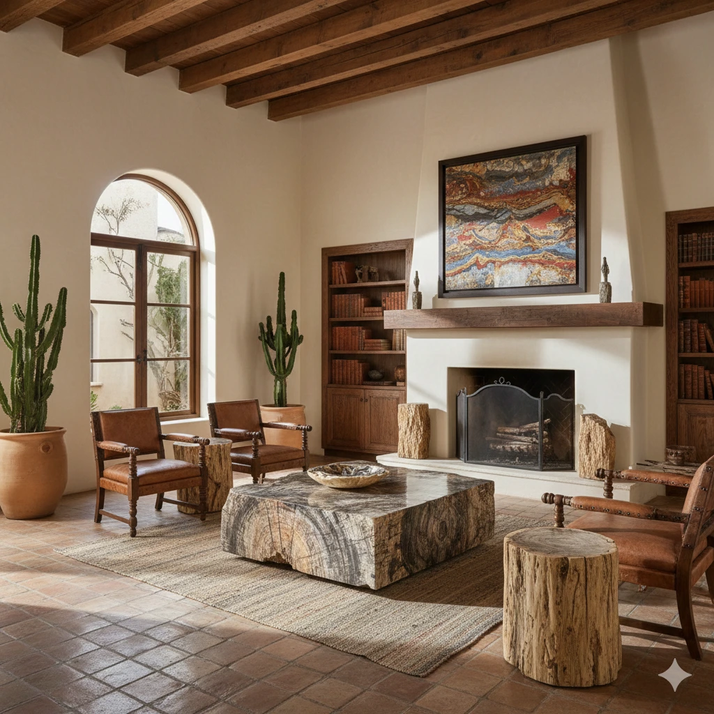 petrified wood decor for hacienda architecture