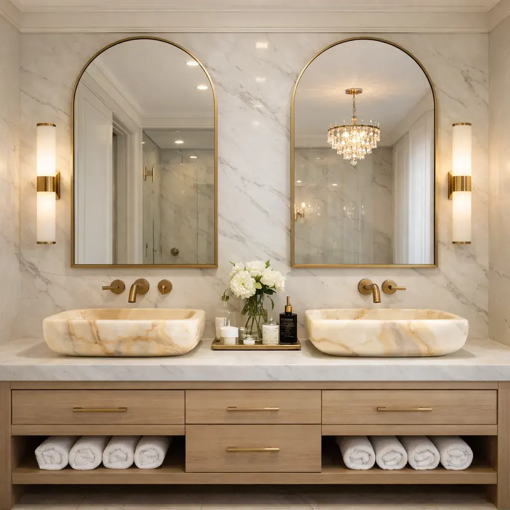 Double Vanity for a Balanced Luxury Look In spacious custom bathrooms, a double vanity provides both functionality and visual balance. With onyx basins, each piece adds a refined touch through its natural patterns and smooth finish. The result is a clean, well-balanced space that feels both modern and timeless.