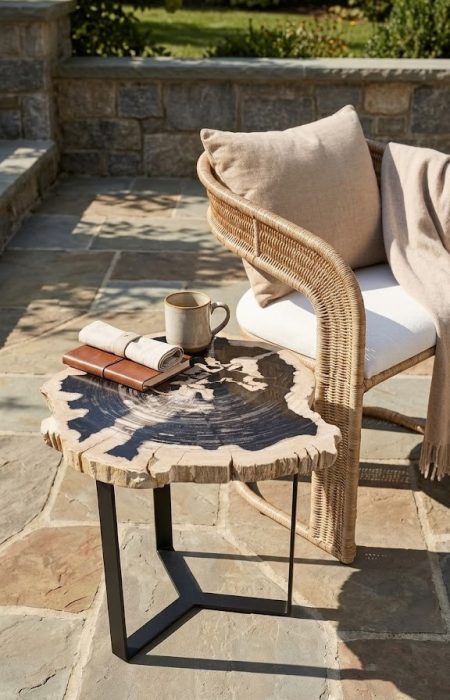 Curved Rattan Dining Chair with side table petrified wood